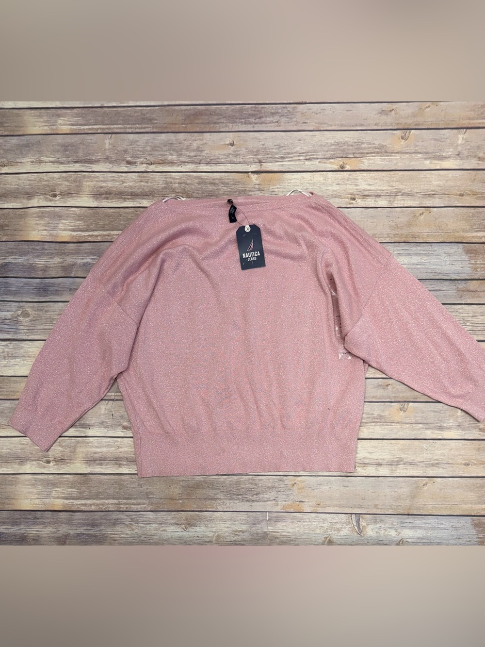 Nautica Jeans Pink Sparkle Metallic Sweater Drop Shoulder Long Sleeve size XL